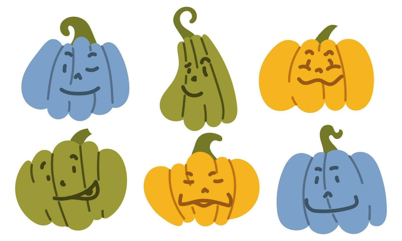 een reeks van kleurrijk pompoenen voor halloween. tekenfilm emoties van bedreiging, vreugde, verlegenheid, gelach met lineair afbeeldingen. vector vlak illustratie met grappig pompoenen. verzameling van gekleurde stickers