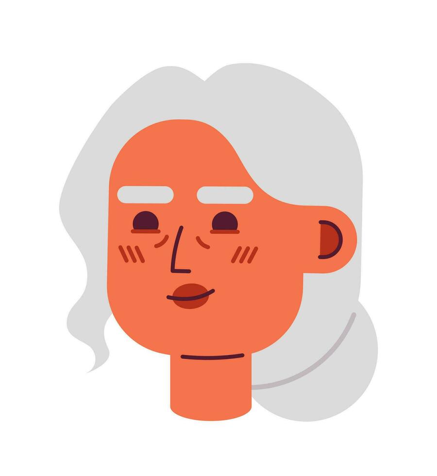 laag bun kapsel ouderen vrouw grijnzend 2d vector avatar illustratie. senior Indisch vrouw tekenfilm karakter gezicht. vrouw portret. middelbare leeftijd persoon vlak kleur gebruiker profiel beeld geïsoleerd Aan wit