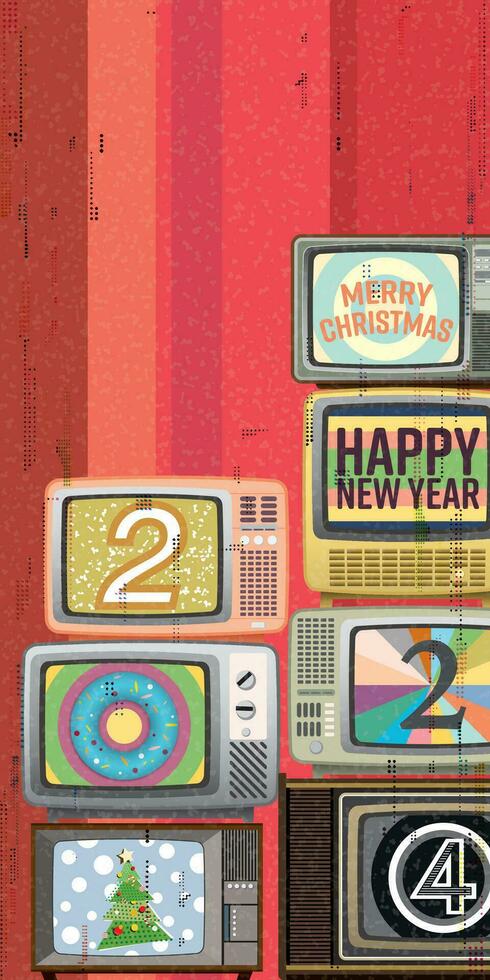 vrolijk Kerstmis en gelukkig nieuw jaar 2024 schoonschrift omroep Aan wijnoogst televisies met risografie het drukken effect verticaal vector illustratie.