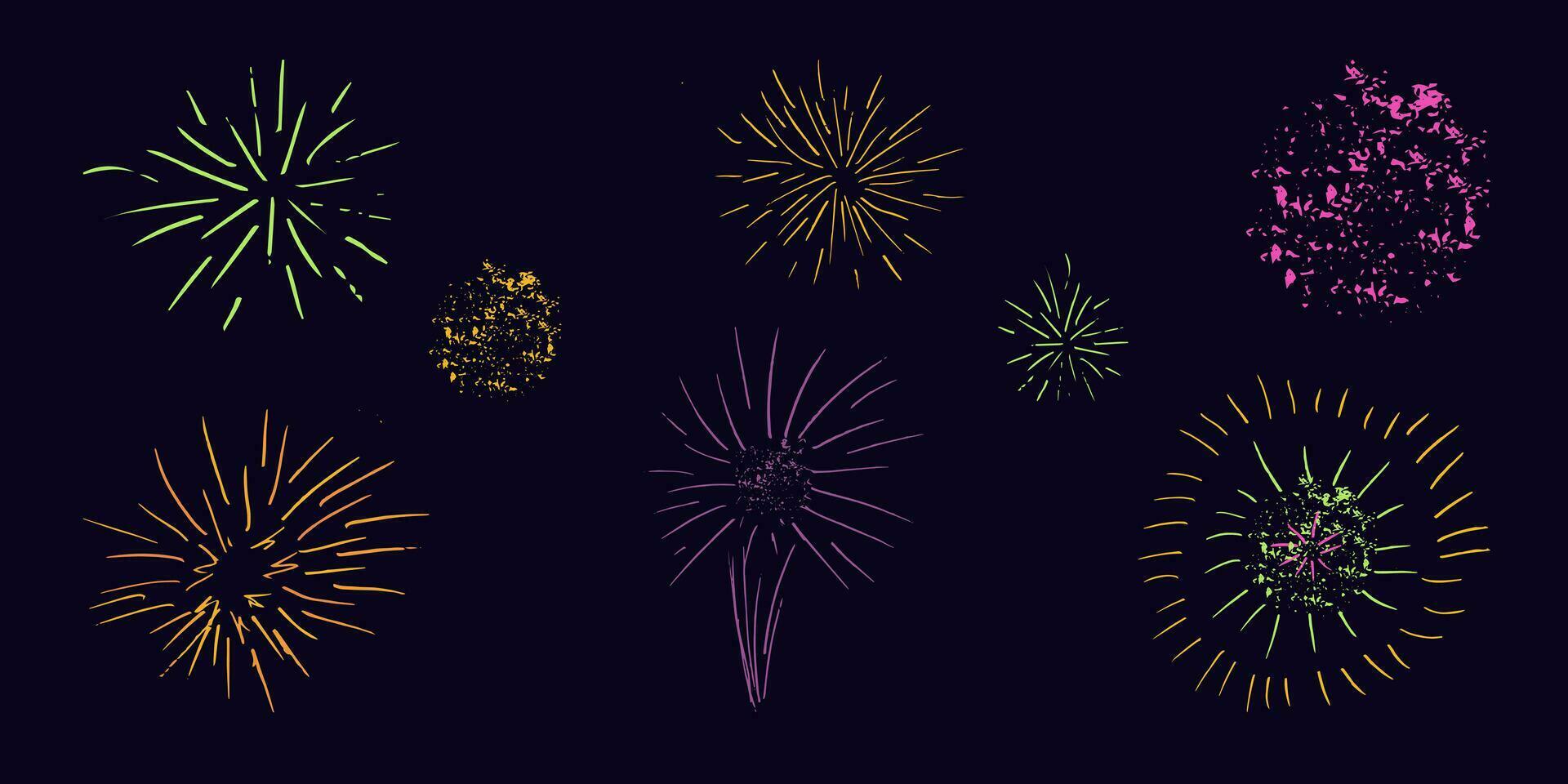 reeks kleur vuurwerk donker achtergrond. feestelijk thema vector