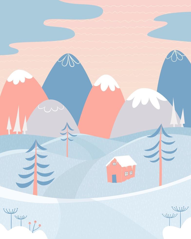 winterlandschap met sneeuw, bergen, heuvels, huis en sparren. vector