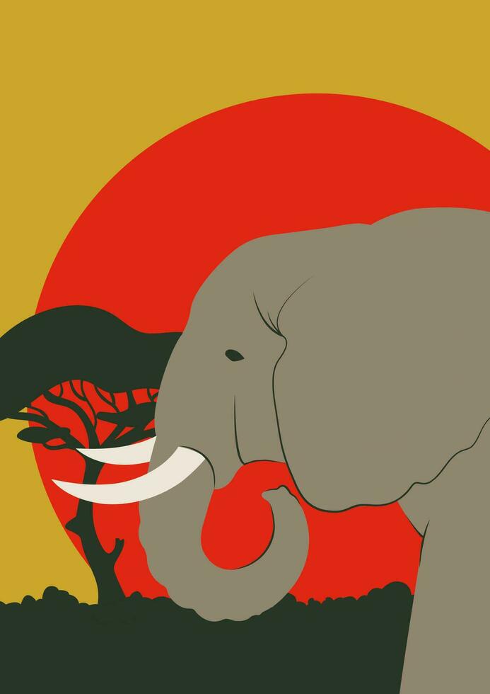 esthetisch poster met olifant in savanne illustratie. kleurrijk zonsondergang Aan Afrikaanse continent vector
