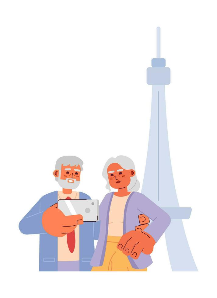 oud paar attractie toeristen pensioen genieten van 2d tekenfilm karakters. gepensioneerden nemen selfie in voorkant van eiffel toren geïsoleerd vector mensen wit achtergrond. reizen kleur vlak plek illustratie