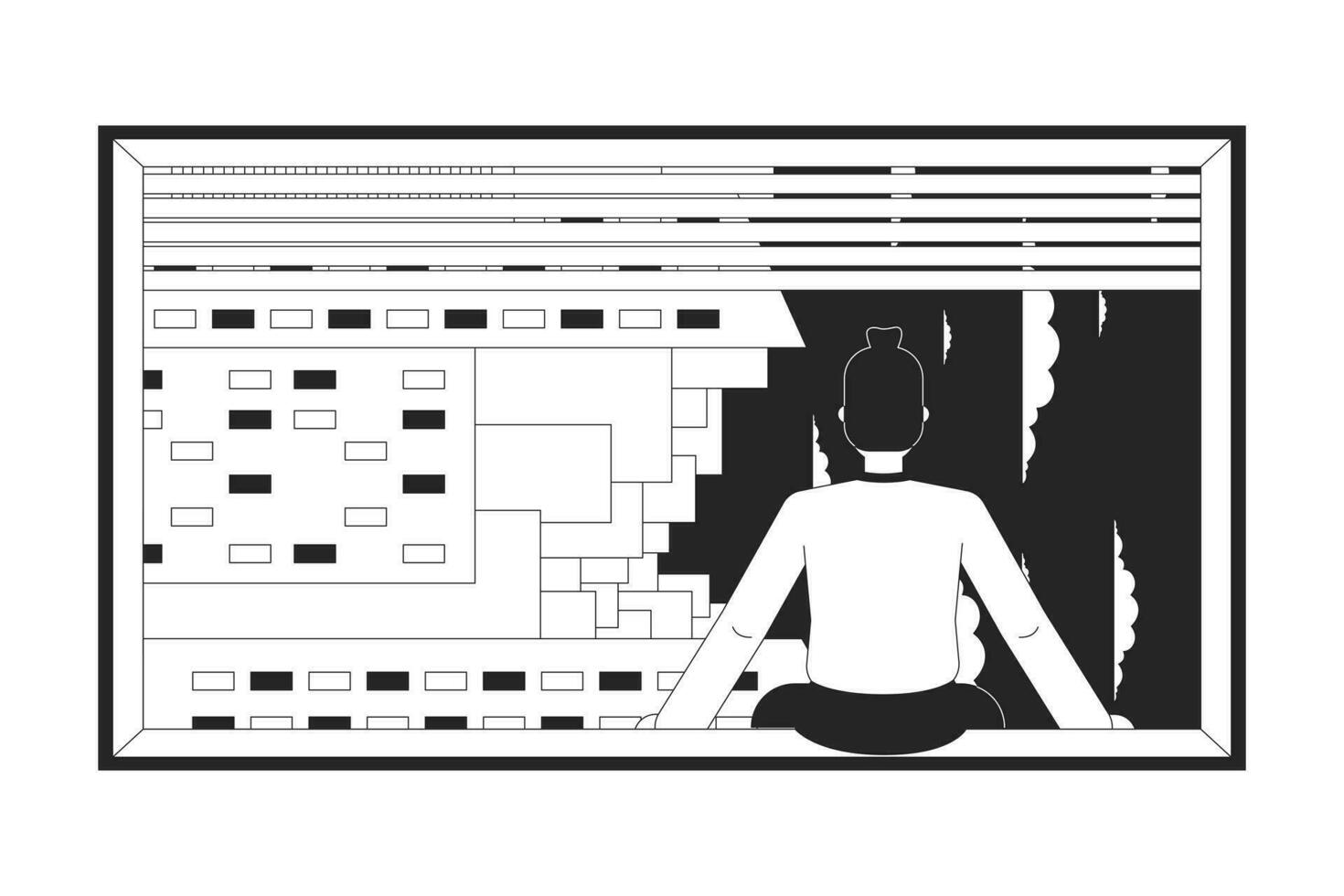 zittend Aan omgekeerd venster Mens aan het kijken terug visie zwart en wit 2d illustratie concept. wolkenkrabbers op zoek uit vent tekenfilm schets karakter geïsoleerd Aan wit. metafoor monochroom vector kunst