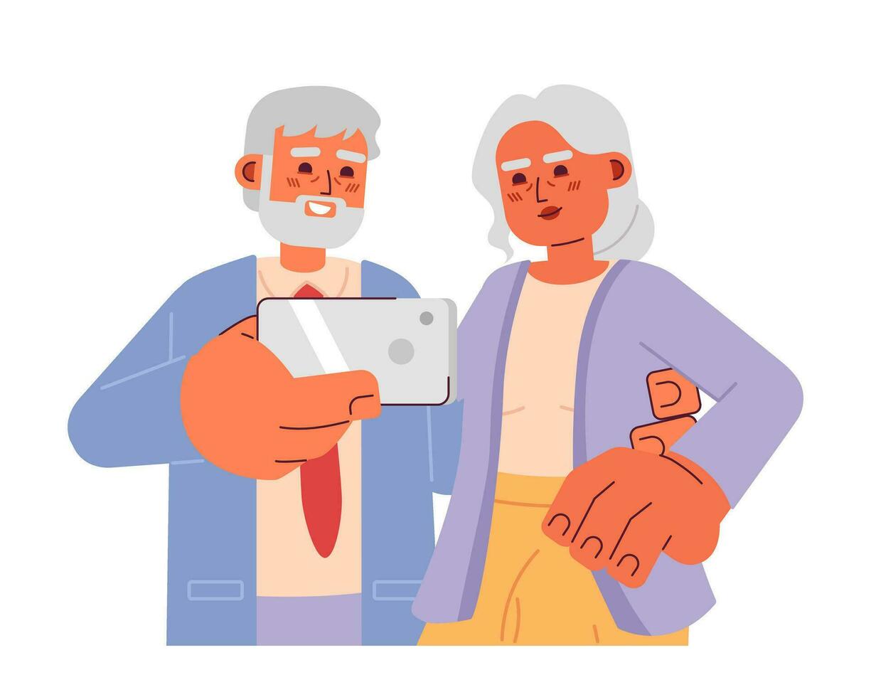 Kaukasisch oud paar nemen selfie 2d tekenfilm karakters. glimlachen senior mannetje Holding smartphone geïsoleerd vector mensen wit achtergrond. ouderen dame poseren voor camera kleur vlak plek illustratie