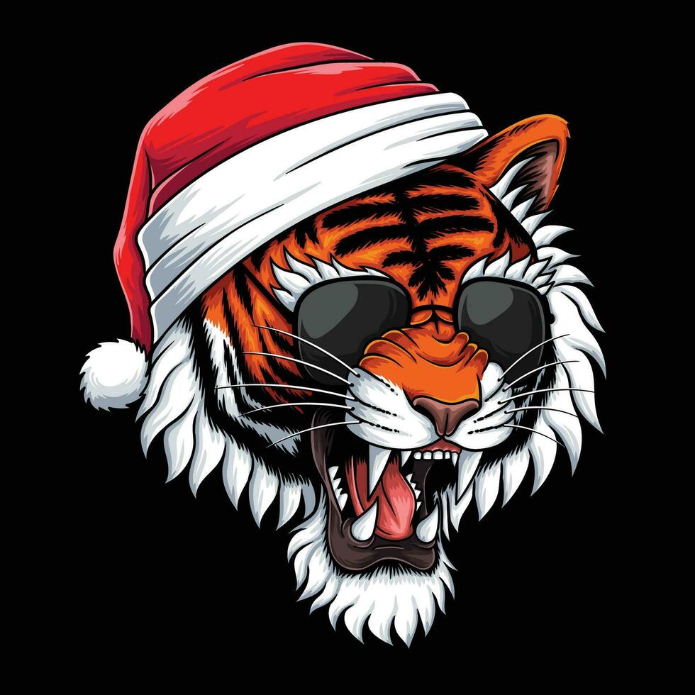 tigar hoofd vervelend de kerstman hoed en bril vector illustratie