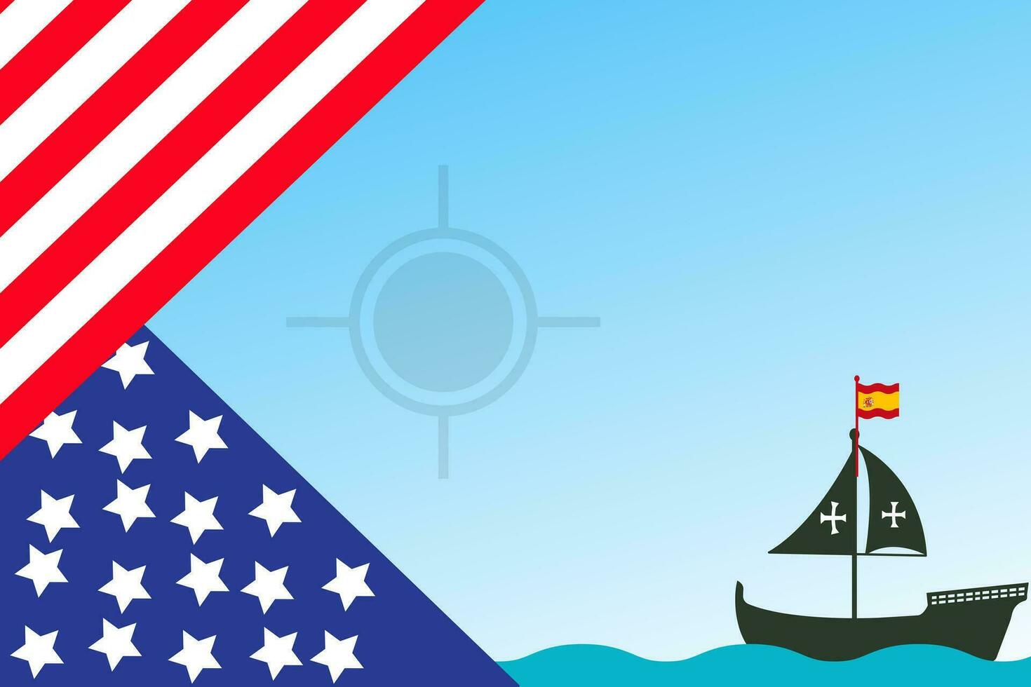Columbus dag kopiëren ruimte achtergrond met het zeilen schip zeilboot. christopher Columbus nationaal Verenigde Staten van Amerika vakantie banier met Amerikaans vlag, zee golven, sturen wiel en kompas. ontdekking van Amerika Spanje thema vector