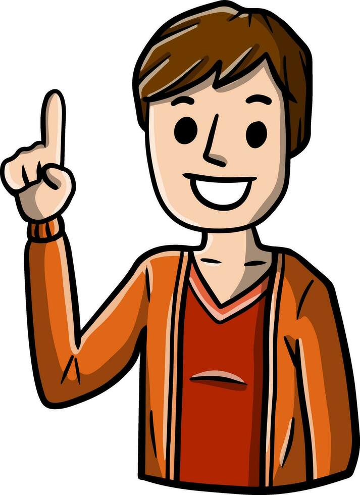 Mens points omhoog. vinger en hand- gebaar. jong glimlachen jongen. hand getekend illustratie. gelukkig emotie. vector