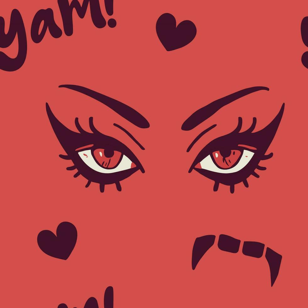 omhelzing de vampier verleiden met deze boeiend naadloos patroon met rood ogen, vampier hoektanden, harten, en de speels woord 'yam' vector