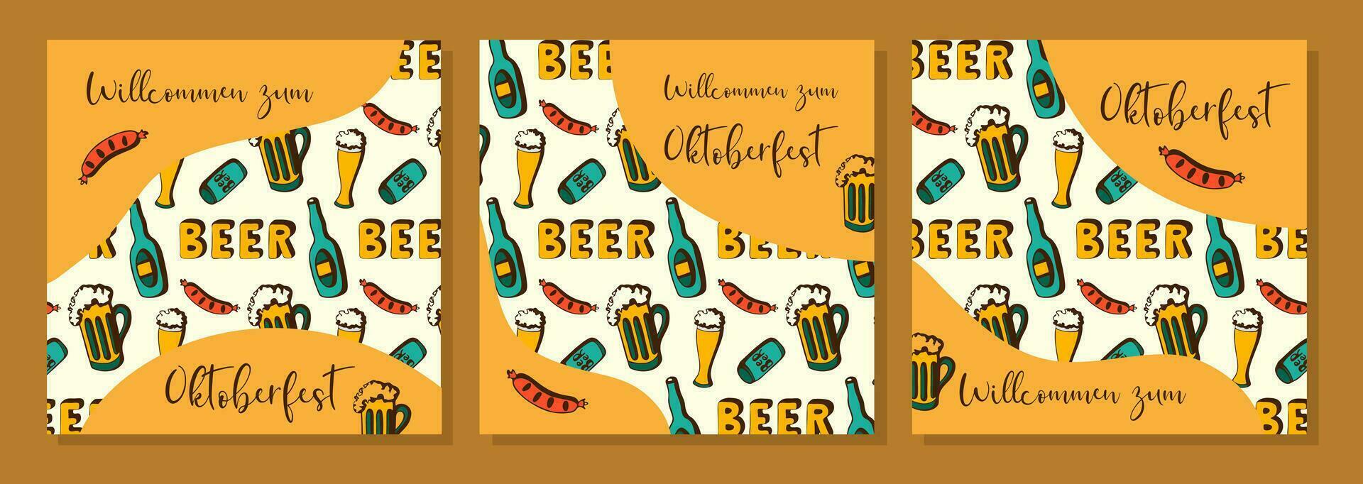 oktoberfeest. bier festival. posters reeks met patroon en opschrift wilcommen zum oktoberfeest. vector