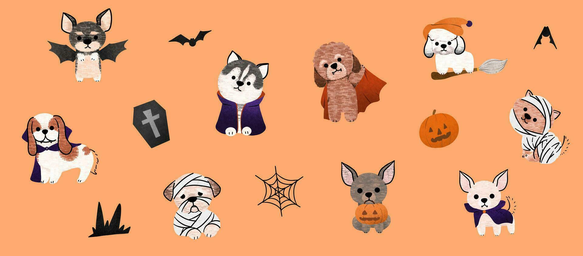 spookachtig poten' set, schattig halloween honden in vector. verschillend rassen don halloween charme. perfect voor creatief projecten vector