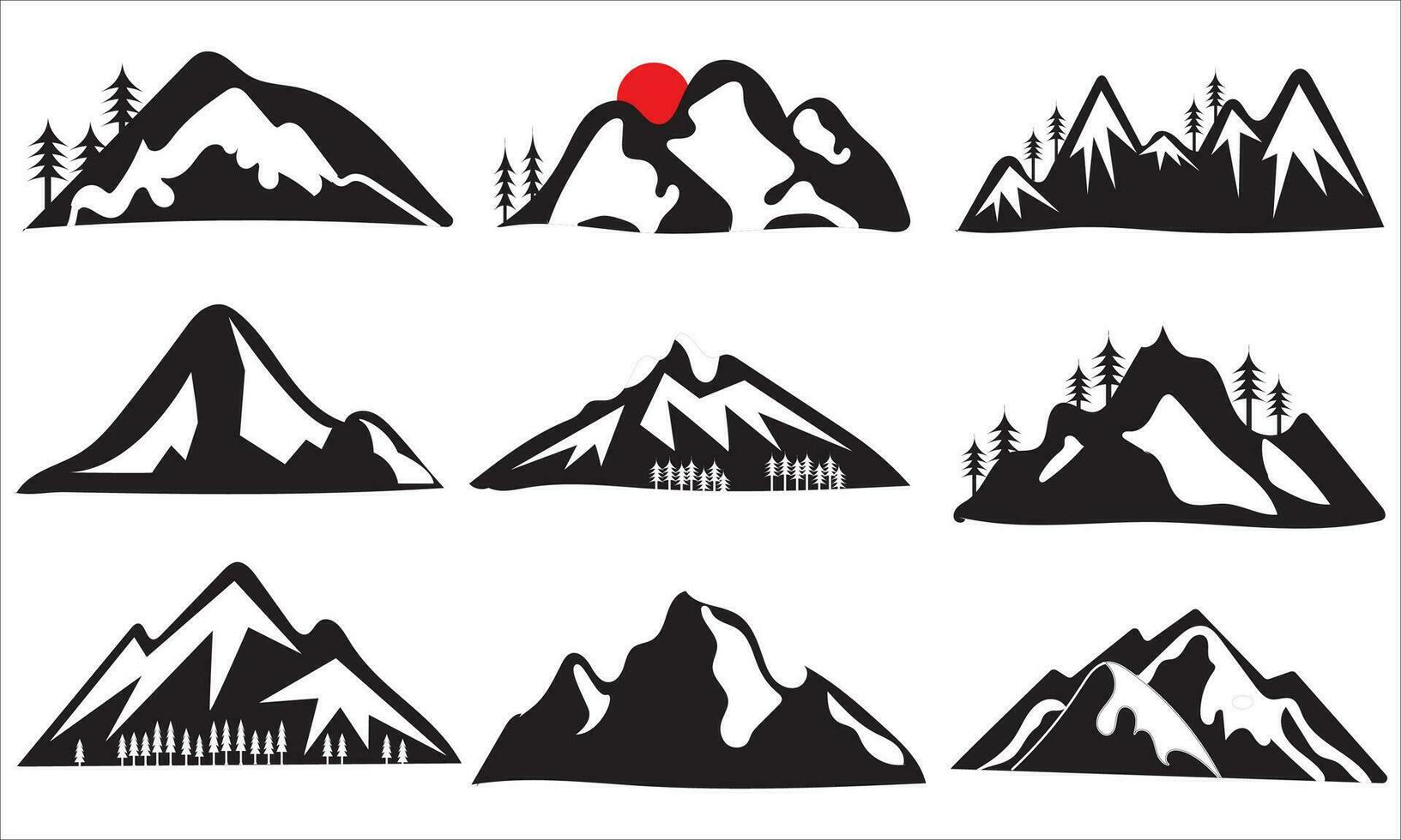 pberg silhouet set. rotsachtig bergen icoon of logo verzameling. vector illustratiedruk