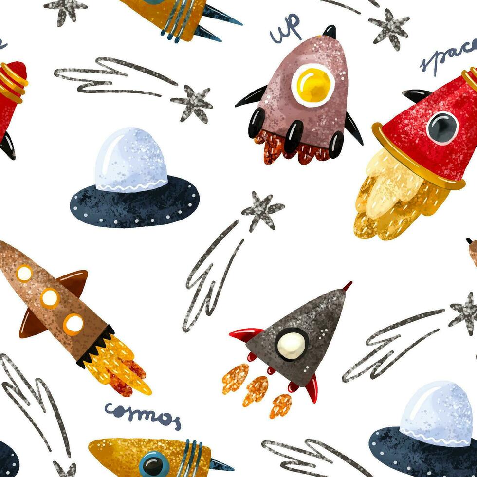 hand- getrokken ruimte naadloos patroon. ruimte achtergrond. ruimte tekening kinderlijk illustratie. eindeloos patroon met tekenfilm ruimte raketten, planeten, sterren, maan, wolken, zonne- systeem, ufo vector