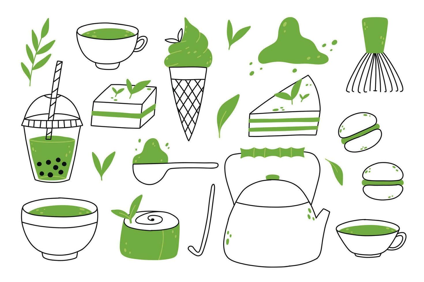 matcha-thee. mok met matcha en groene theeblaadjes. vectorillustratie. natuurlijke groene thee. vector