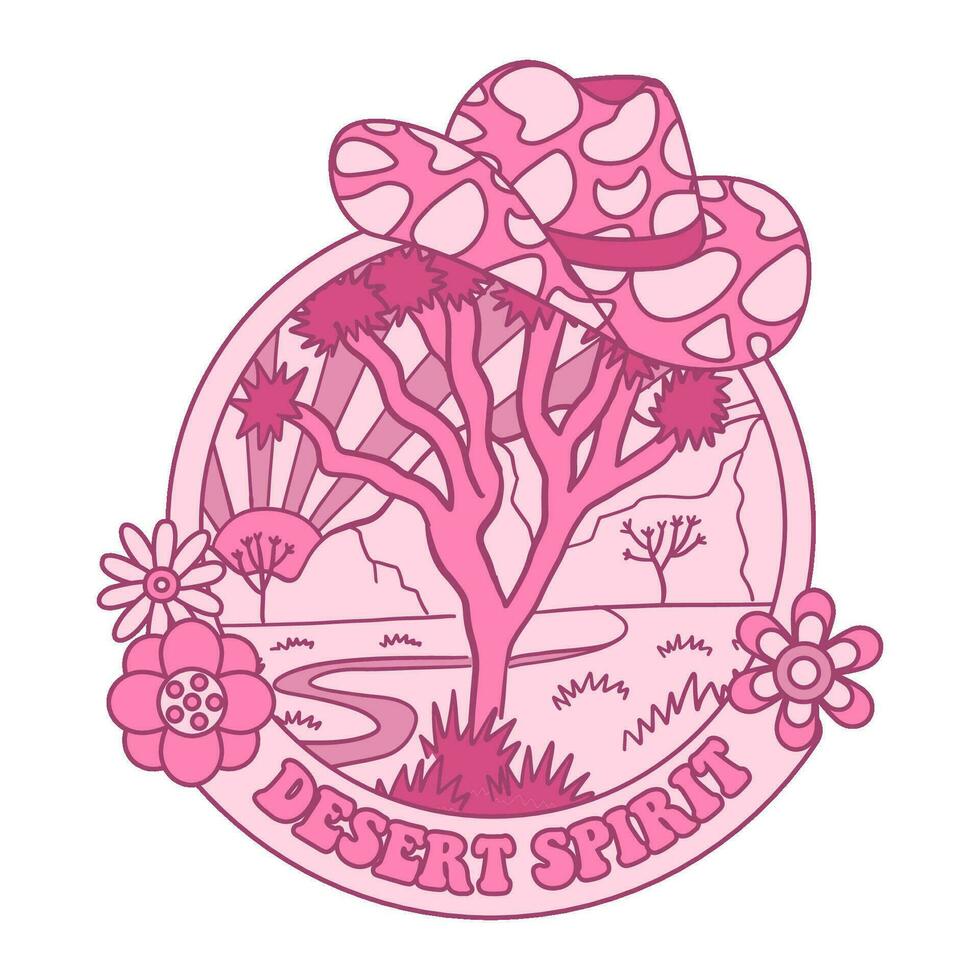 ronde embleem concept met typografisch tekst woestijn geest en veedrijfster hoed. landschap met zonsondergang. roze t-shirt ontwerp van wild kant. wijnoogst vector illustratie.