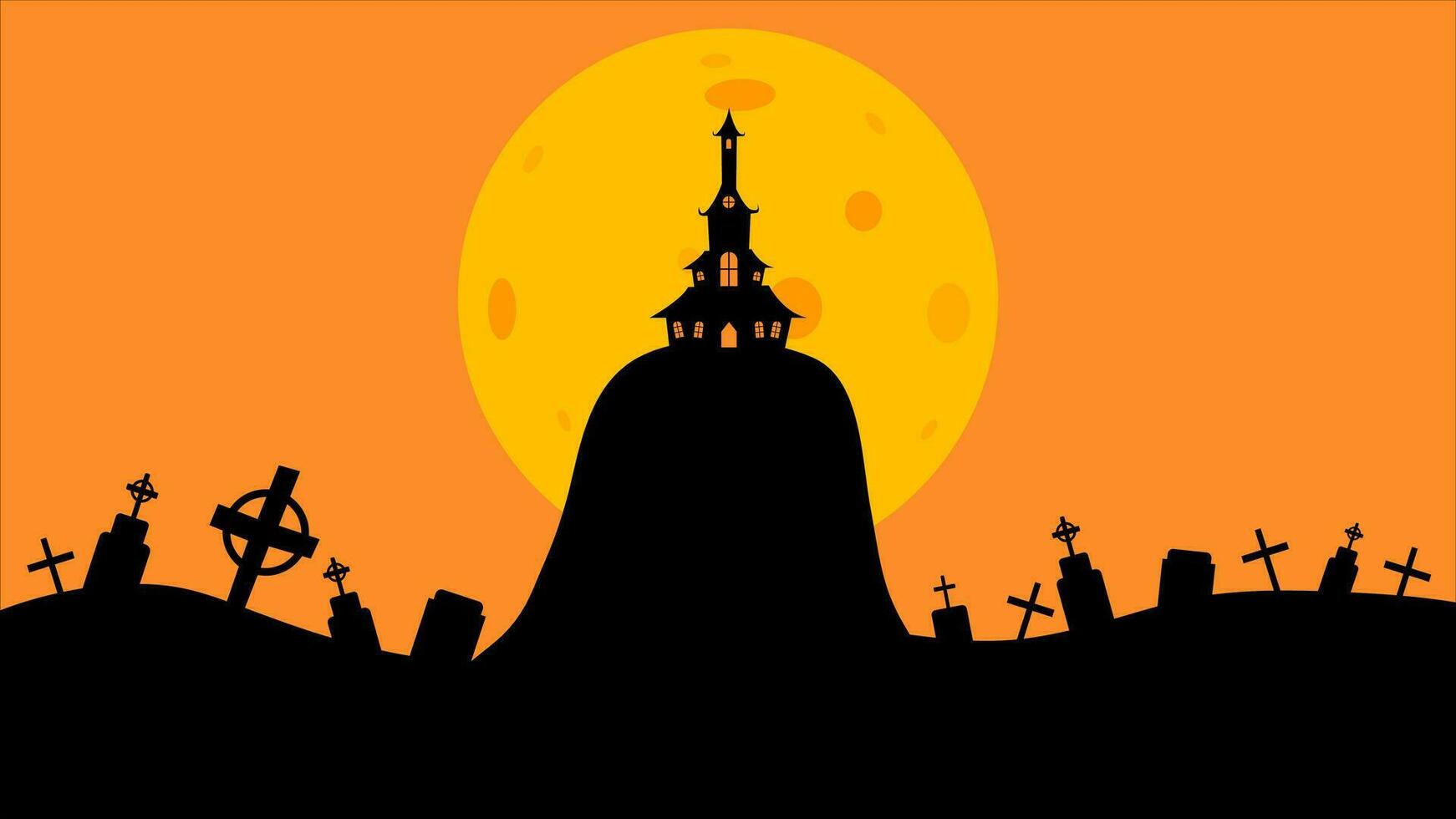 halloween kasteel vlak ontwerp vector illustratie. halloween banier met silhouet van eng kasteel Aan oranje achtergrond met vol maan. illustratie voor vakantie kaarten, uitnodigingen, banners