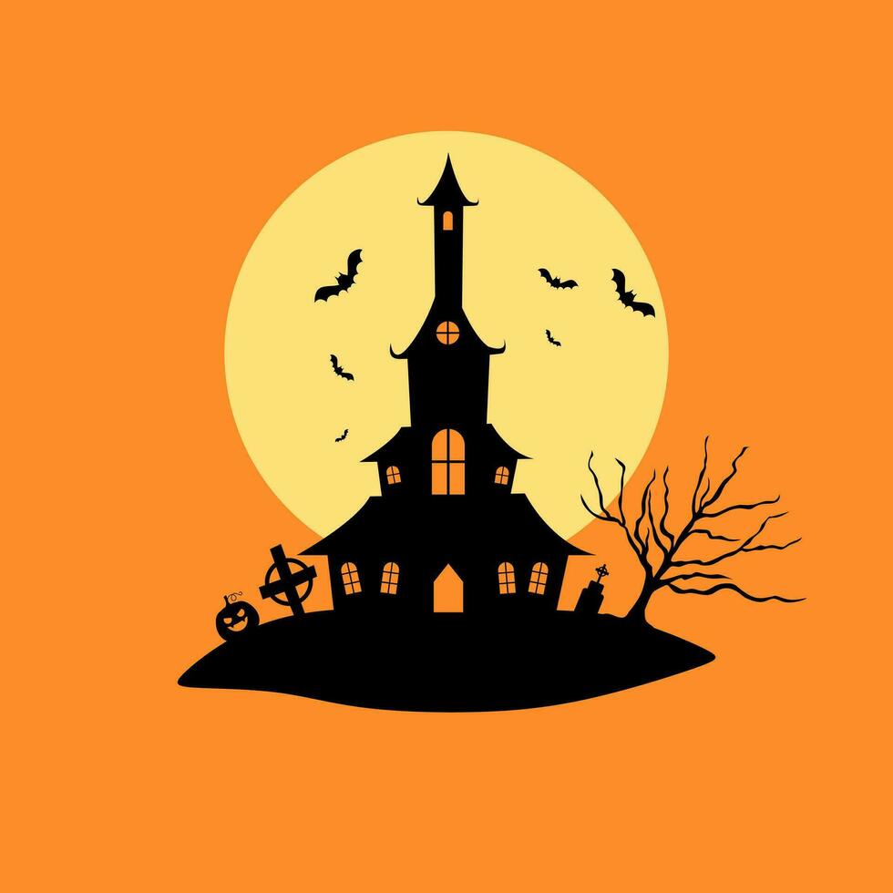 halloween kasteel met maanlicht vlak ontwerp. achtervolgd huis spookachtig kasteel. haloween partij teken vector Hoes illustratie. helloween icoon verzameling. vlak ontwerp tekenfilm concept