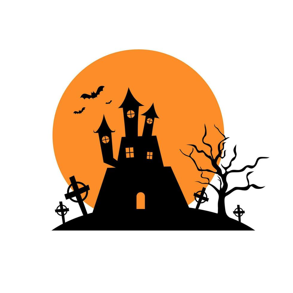 halloween kasteel met maanlicht vlak ontwerp. achtervolgd huis spookachtig kasteel. haloween partij teken vector Hoes illustratie. helloween icoon verzameling. vlak ontwerp tekenfilm concept