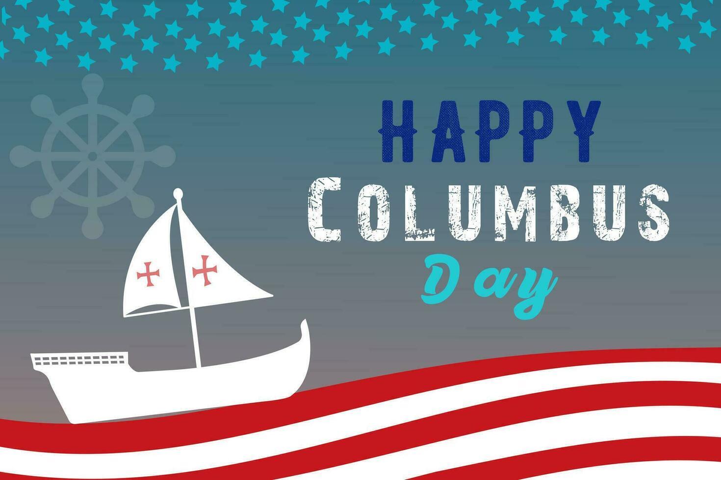 gelukkig Columbus dag groeten kaart met het zeilen schip zeilboot. christopher Columbus nationaal Verenigde Staten van Amerika vakantie banier met Amerikaans vlag, zee golven, sturen wiel en kompas. ontdekking van Amerika Spanje thema. vector