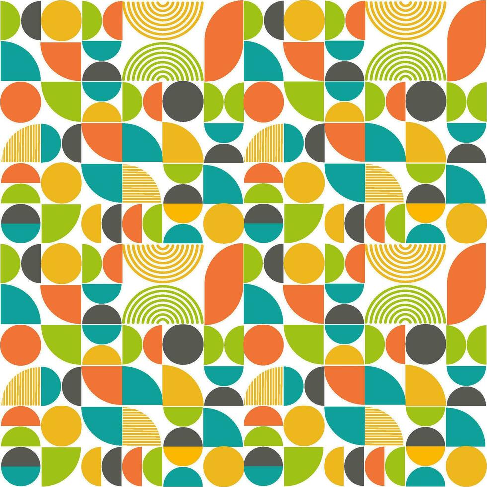 midden eeuw modern naadloos patroon met blauwgroen, oranje, geel en groen meetkundig vormen. abstract vector achtergrond.