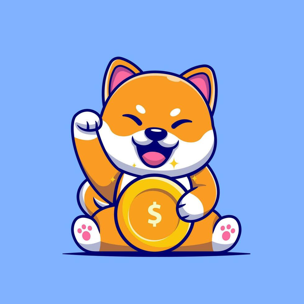 schattig shiba inu hond met goud munt tekenfilm vector icoon illustratie. dier bedrijf icoon concept geïsoleerd premie vector. vlak tekenfilm stijl