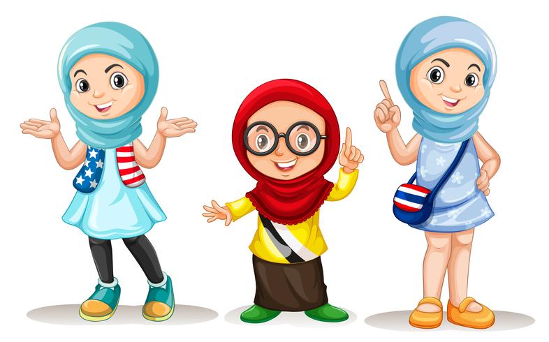 Drie moslimmeisjes met blij gezicht vector