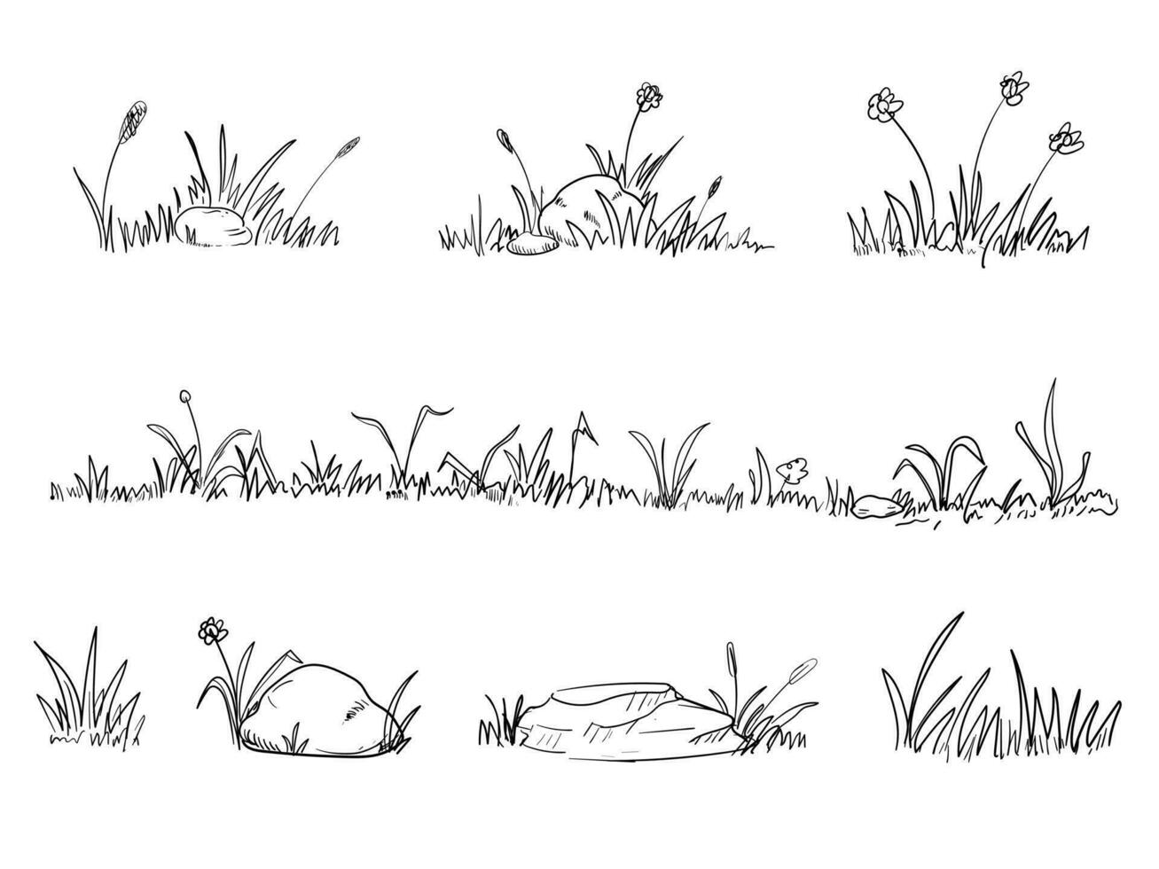 reeks van gras tekening elementen. hand- getrokken gras veld- schets kattebelletje vector