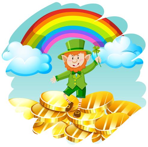 Leprechaun met gouden munten en regenboog vector