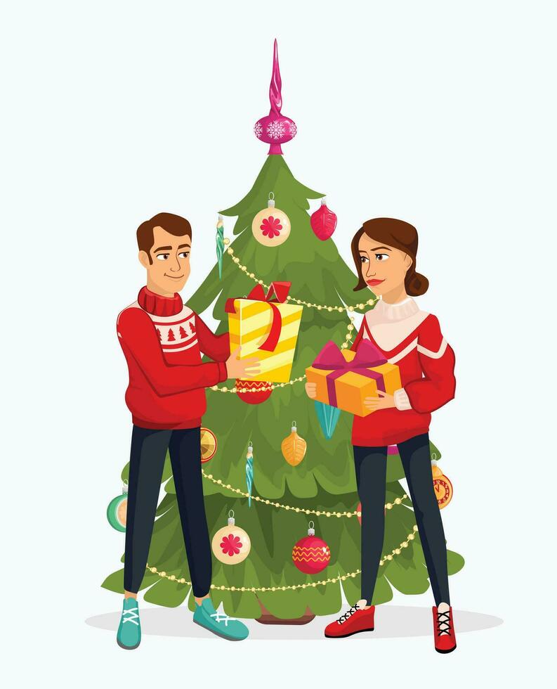 een Mens en een vrouw geven geschenken. Kerstmis boom met decoraties en geschenk dozen. vrolijk Kerstmis en gelukkig nieuw jaar. vector illustratie