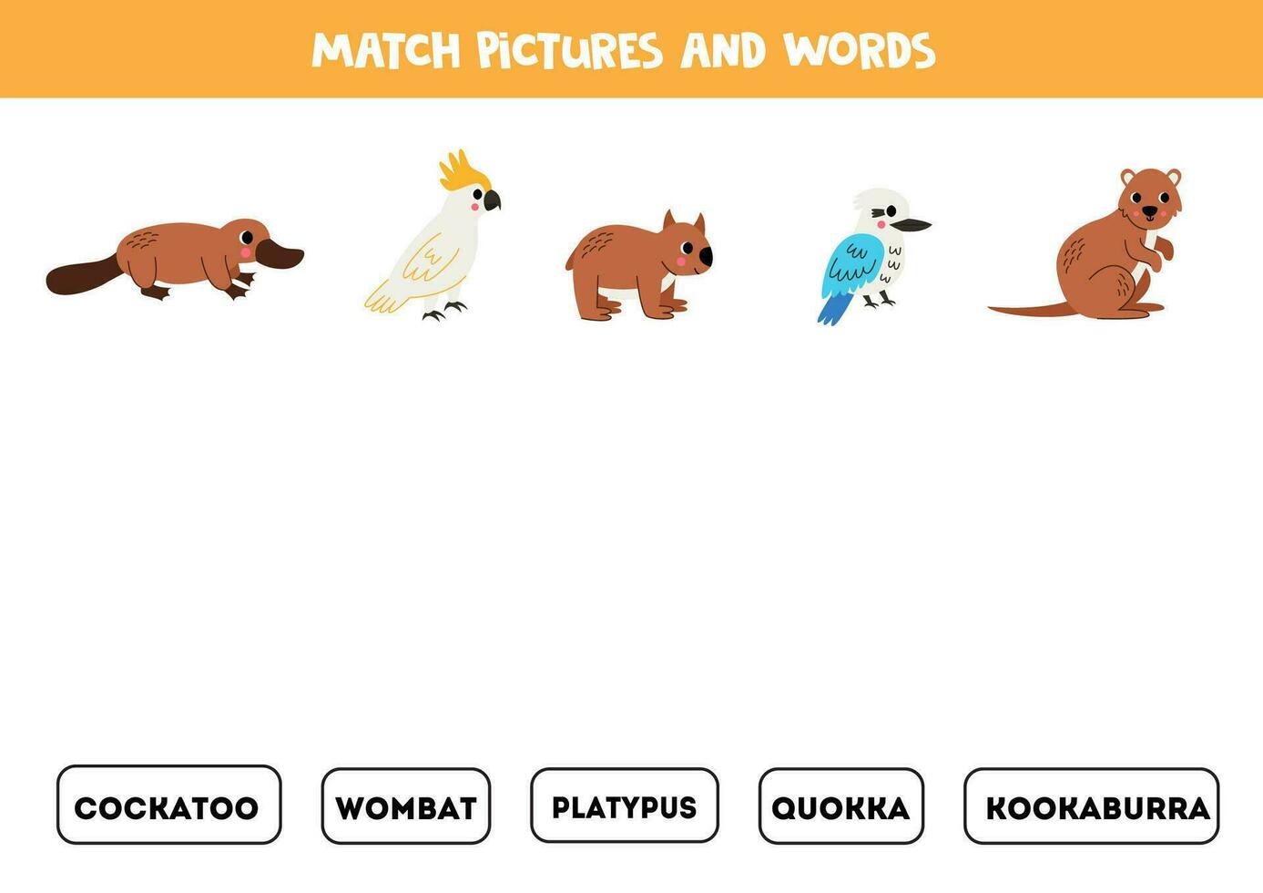 bij elkaar passen Australisch dieren afbeeldingen en woorden. leerzaam logisch spel voor kinderen. wild dieren. vector