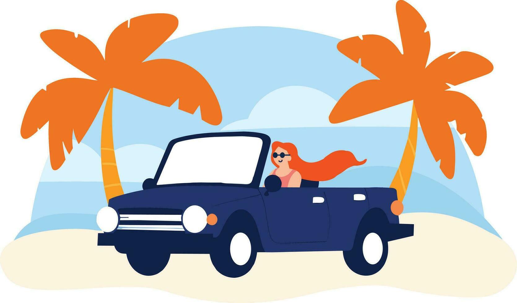 hand- getrokken toeristen rit cabrio's auto naar de strand in vlak stijl vector