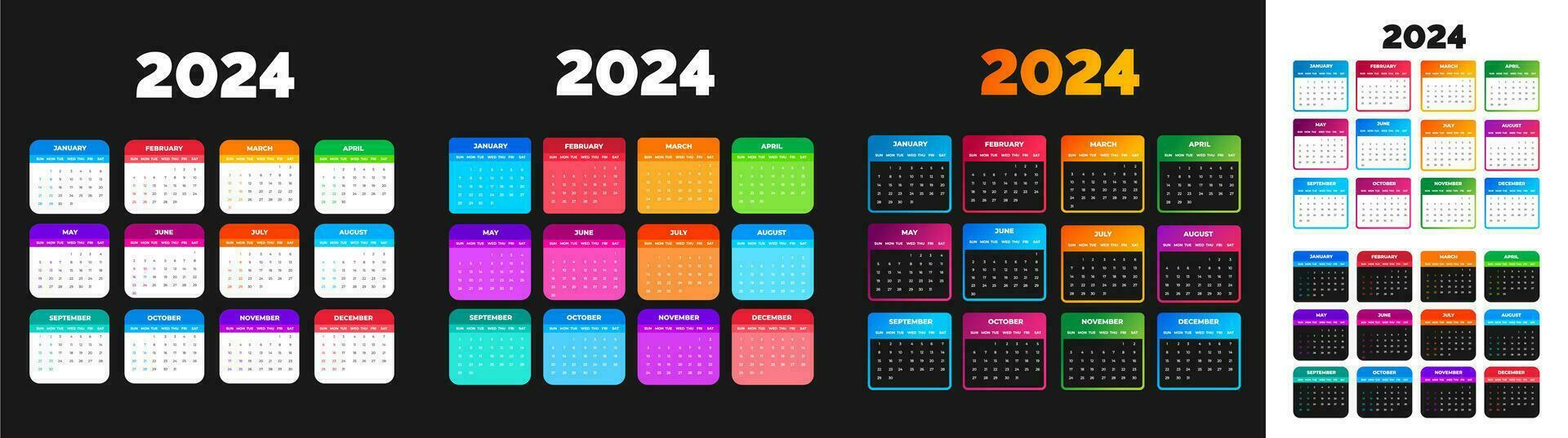 mega reeks van 2024 kleurrijk kalender bureaublad ontwerper sjabloon bundel. zakelijke bedrijf muur of bureau gemakkelijk ontwerper 2024 kleurrijk kalender met week begin zondag. reeks van 2024 kalender ontwerper sjabloon vector