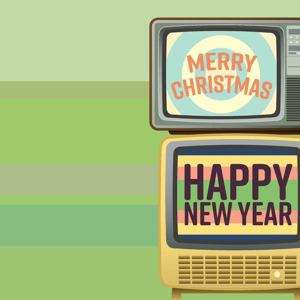 vrolijk Kerstmis en gelukkig nieuw jaar schoonschrift omroep Aan wijnoogst televisies vector illustratie met blanco ruimte.