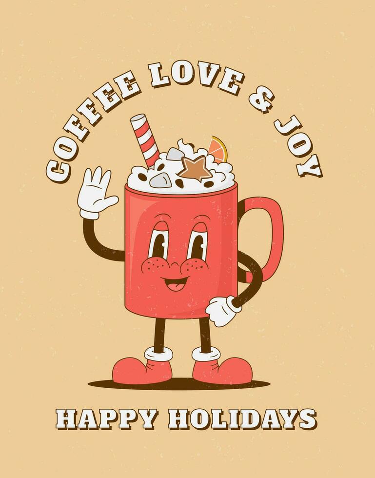 Kerstmis retro tekenfilm koffie kop karakter poster. wijnoogst latte mok mascotte vector illustratie. kaart, banier, afdrukken voor koffie, restarant, bar