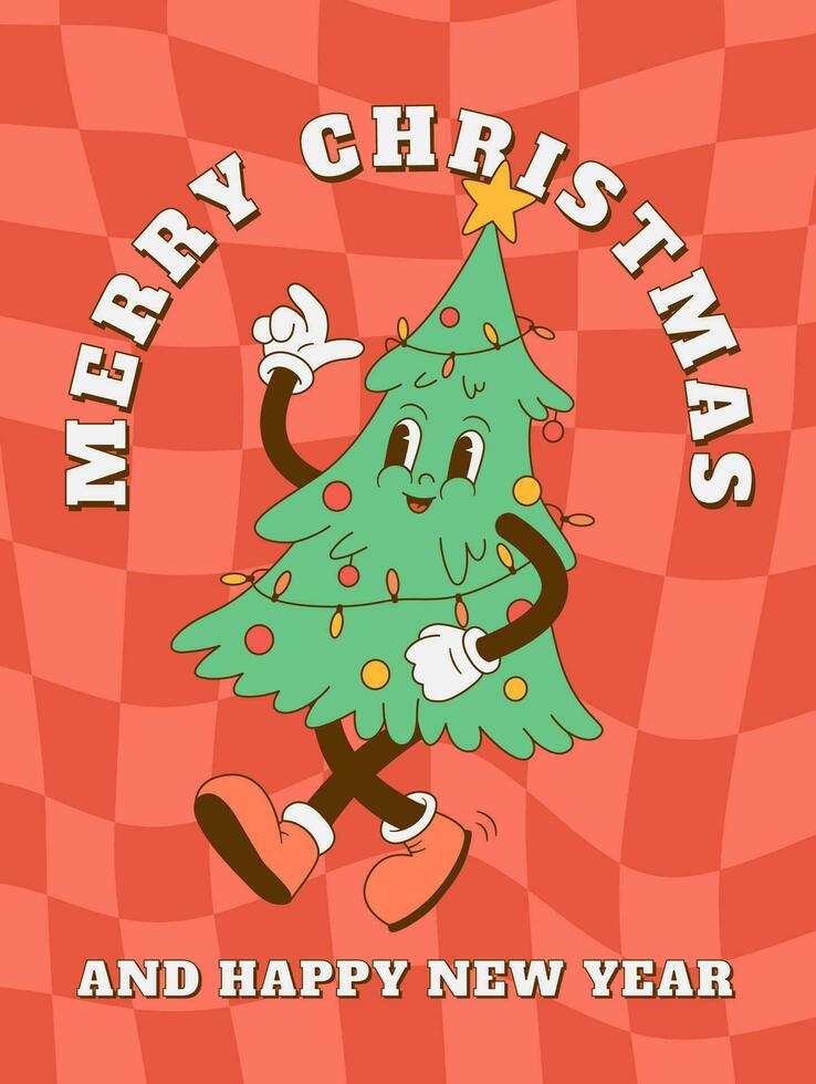 grappig retro tekenfilm jaren 70 Kerstmis boom karakter achtergrond. Kerstmis mascotte in groovy stijl vector illustratie. vrolijk Kerstmis en gelukkig nieuw jaar uitnodiging, poster, decoratie, afdrukken, groet kaart.