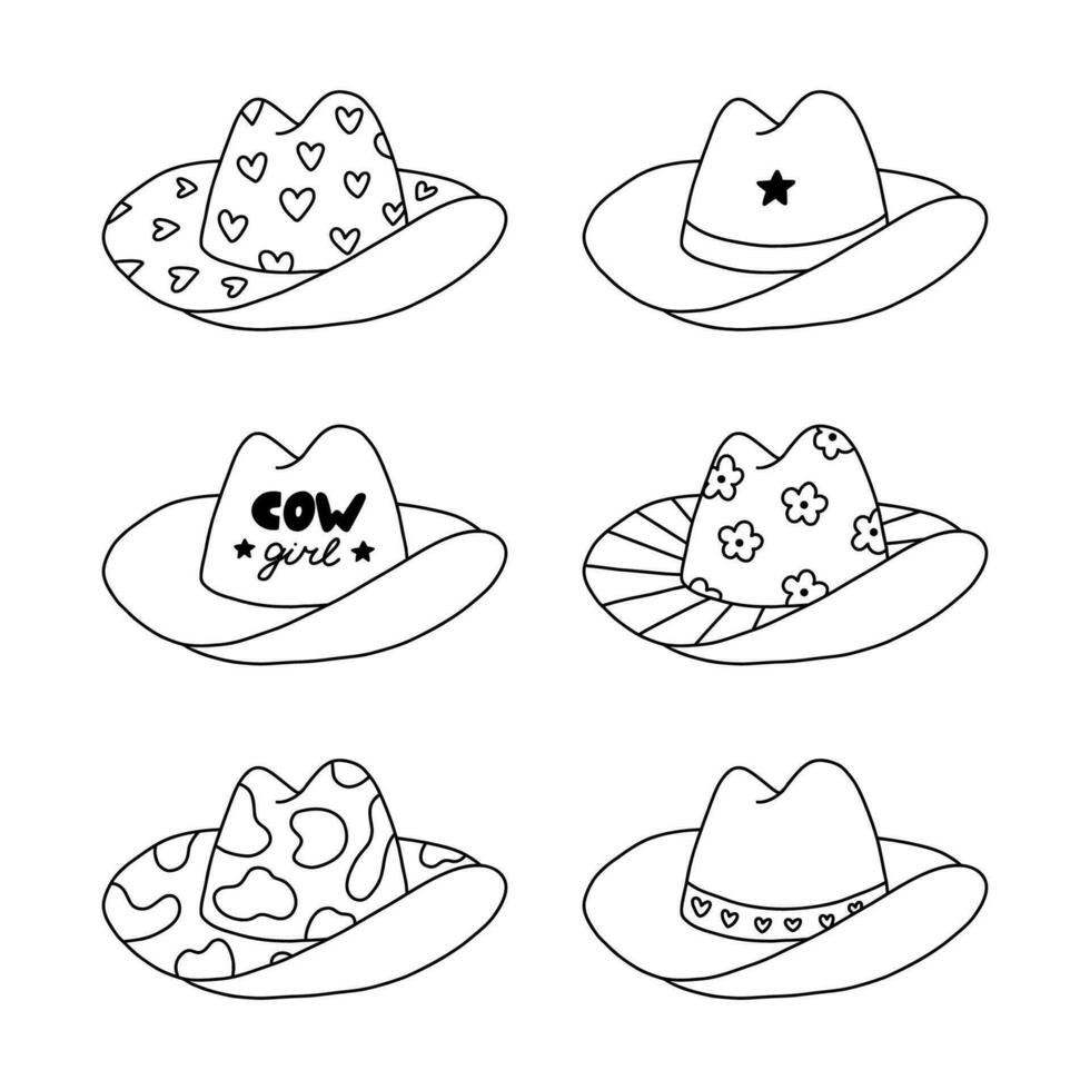 schattig reeks van veedrijfster en cowboy hoed. sheriff hoed met harten, koe, bloem afdrukken in cowboy en veedrijfster western thema. gemakkelijk tekening met hand- getrokken schets verzameling voor paard boerderij, wild west stijl vector