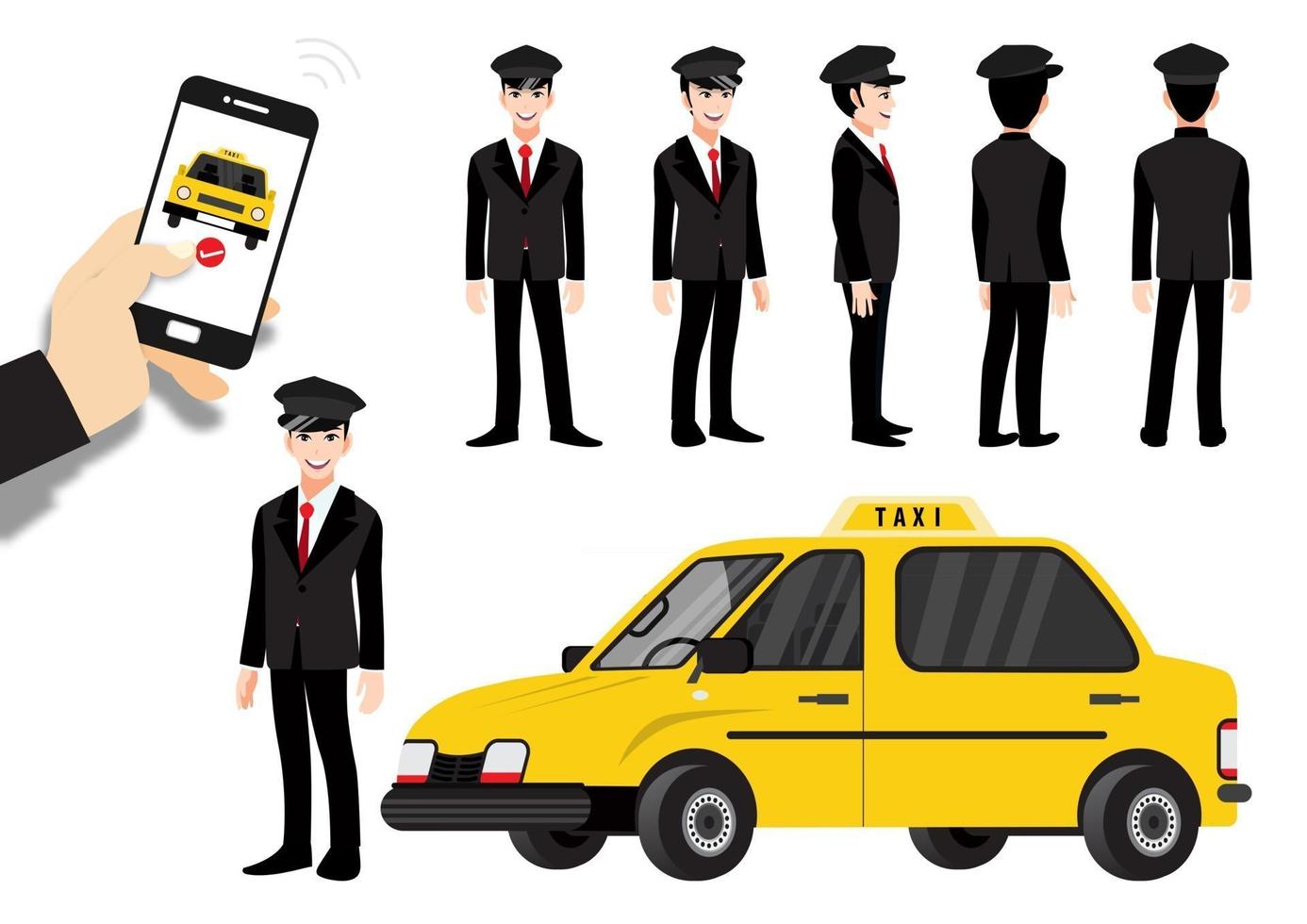 stripfiguurset met een taxi bestellen via de app op smartphone vector