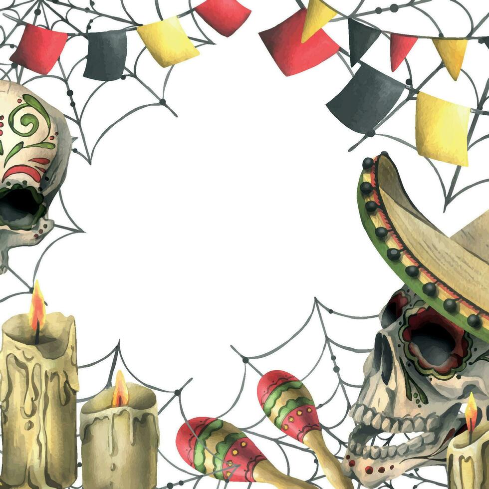 menselijk schedels, in een sombrero hoed met maracas, garlad vlaggen, kaarsen en spinnenwebben. hand- getrokken waterverf illustratie voor dag van de dood, halloween, dia de los muertos. sjabloon vector