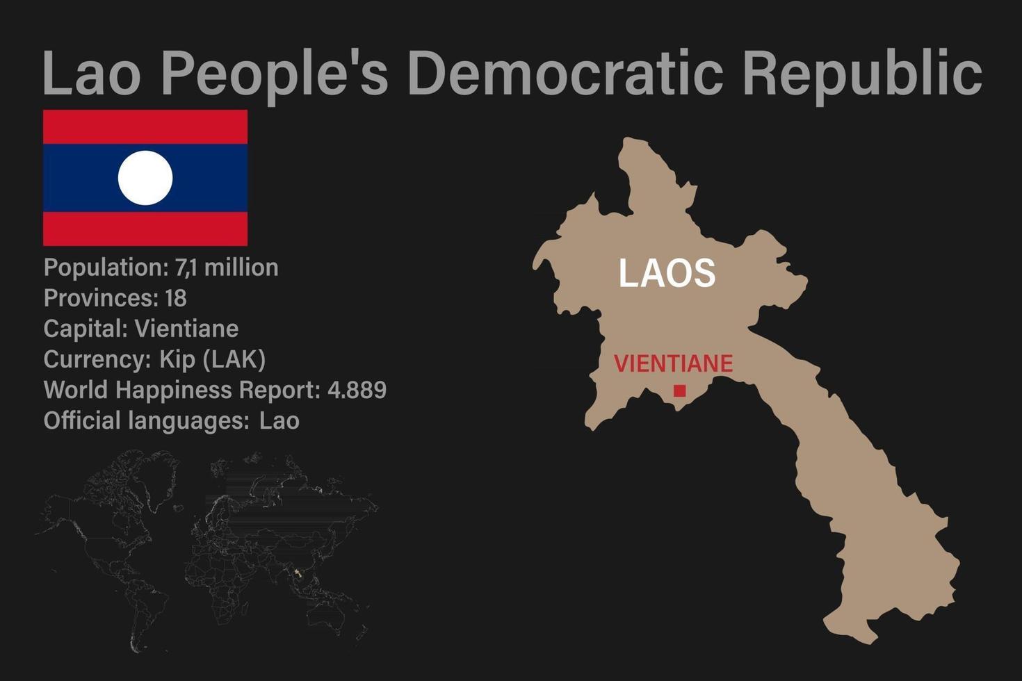 zeer gedetailleerde kaart van laos met vlag, hoofdstad en kleine wereldkaart vector