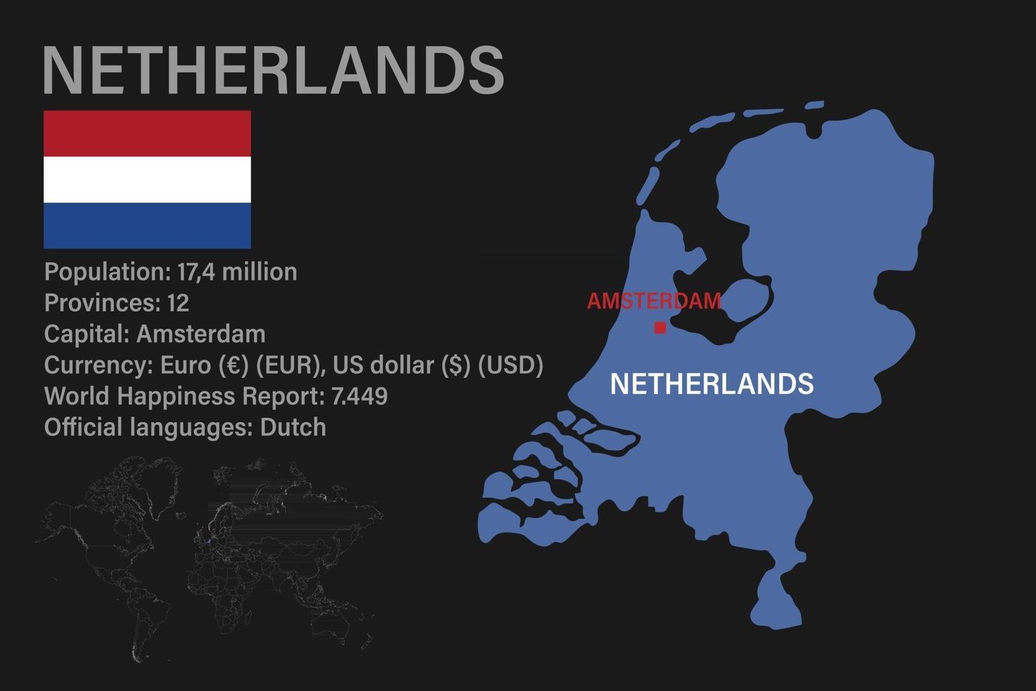 zeer gedetailleerde kaart van nederland met vlag, hoofdstad en kleine wereldkaart vector