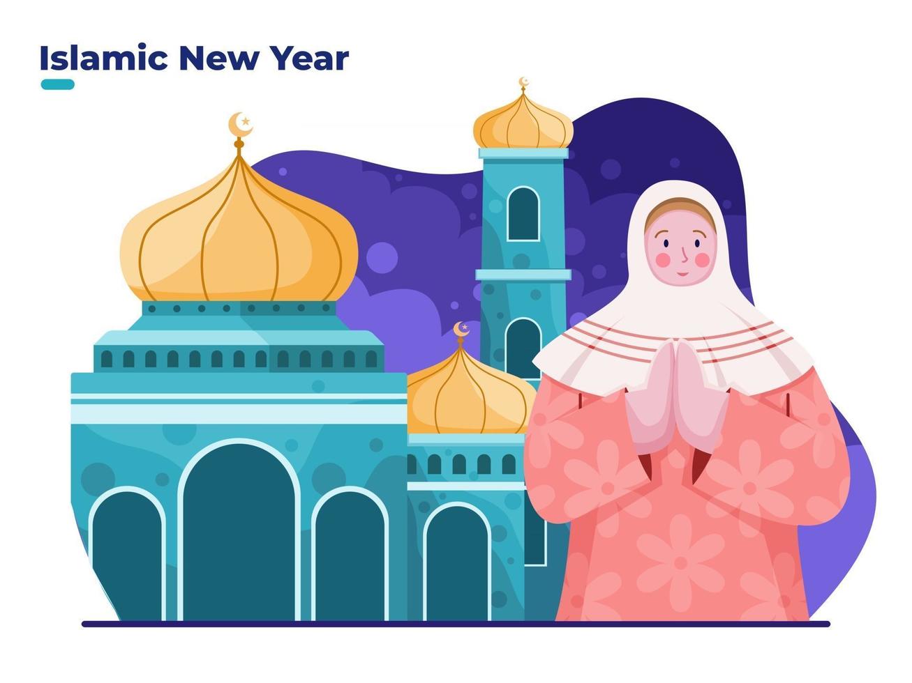 islam vrouw groet gelukkige nieuwe hijri jaar 1 muharram aan de voorkant moskee vector