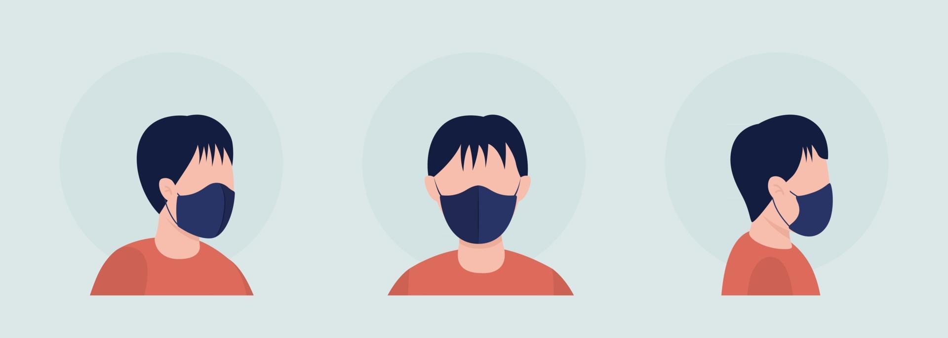 jonge jongen semi-egale kleur vector karakter avatar met masker set