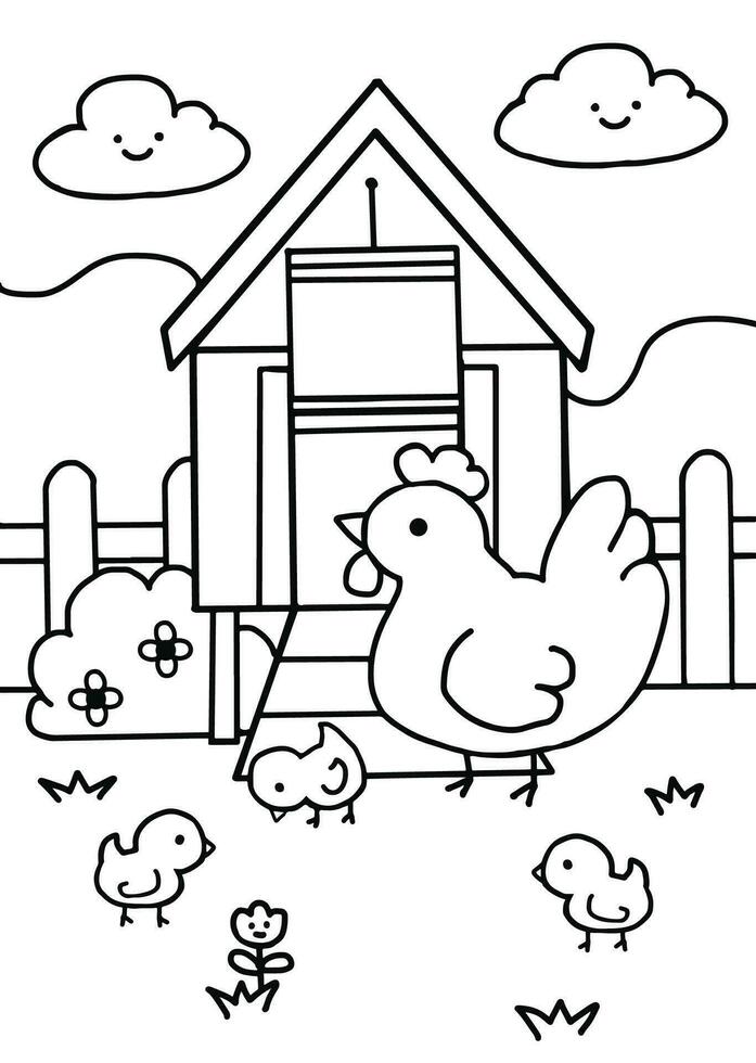 kip en haar kuiken met kip coop -hand trek -lijn kunst voor kleur Pagina's vector
