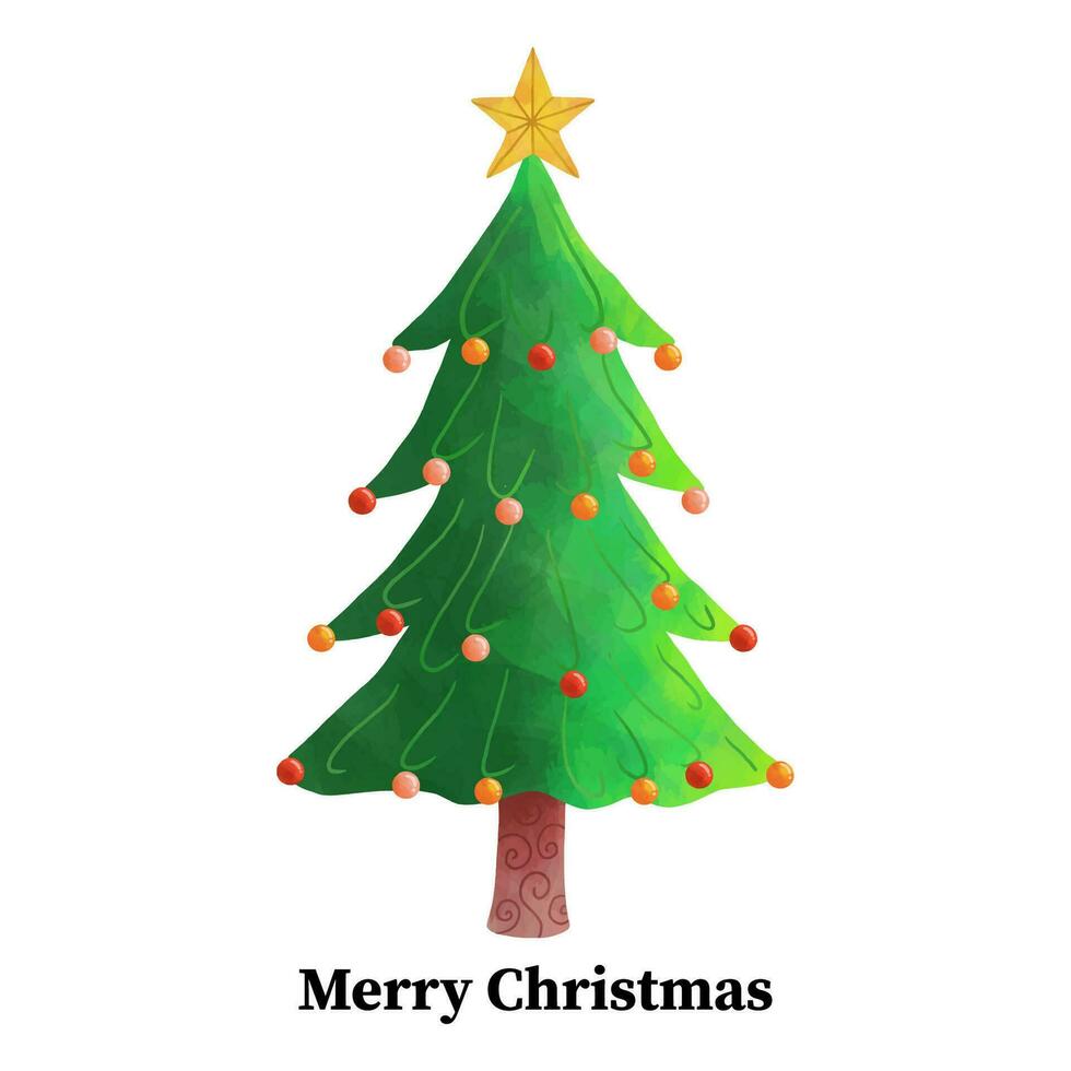 waterverf Kerstmis kaart sjabloon met Kerstmis boom versierd met goud ster en kleurrijk ballen illustratie vector