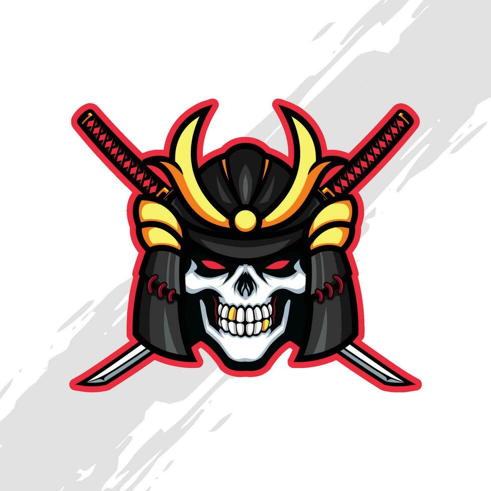 digitaal illustratie van een schedel logo mascotte vervelend een samurai helm met twee gekruiste Zwaarden vector