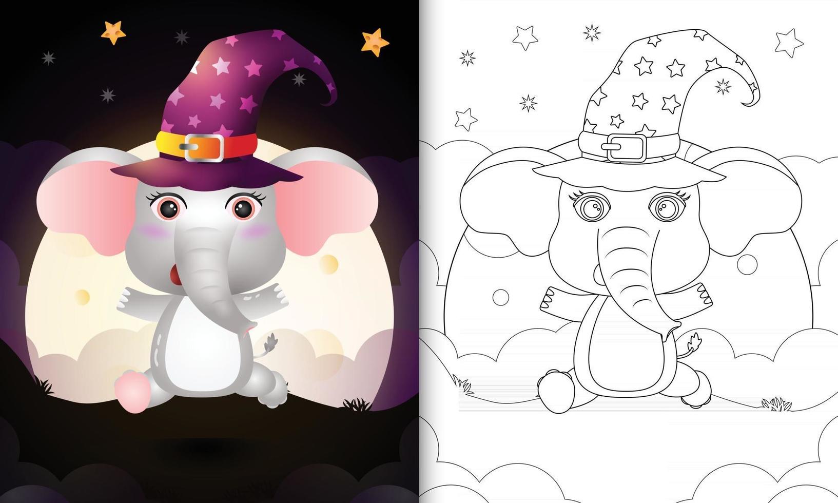 kleurboek met een schattige cartoon halloween heks olifant vector