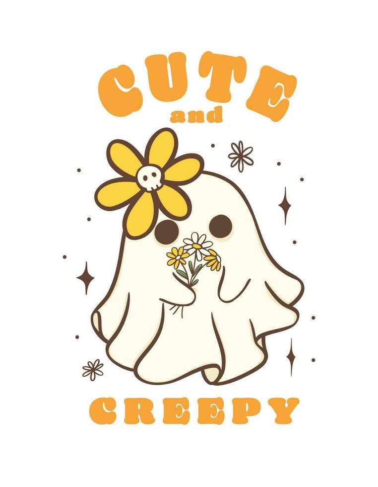 schattig halloween geest met bloem, kawaii retro bloemen sppky geest schattig en griezelig tekenfilm tekening schets tekening illustratie idee voor groet kaart, t overhemd ontwerp en ambachten. vector