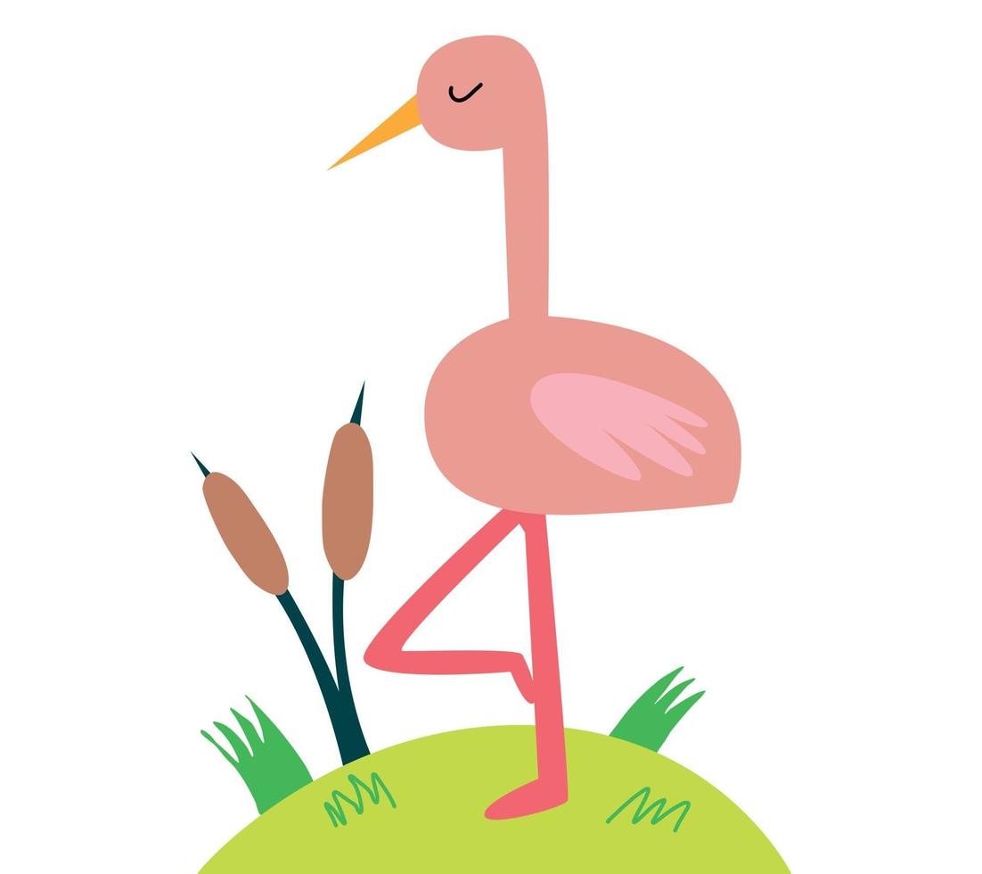 een flamingo staat op een klein eiland, een vogel voor een ansichtkaart, een sticker vector