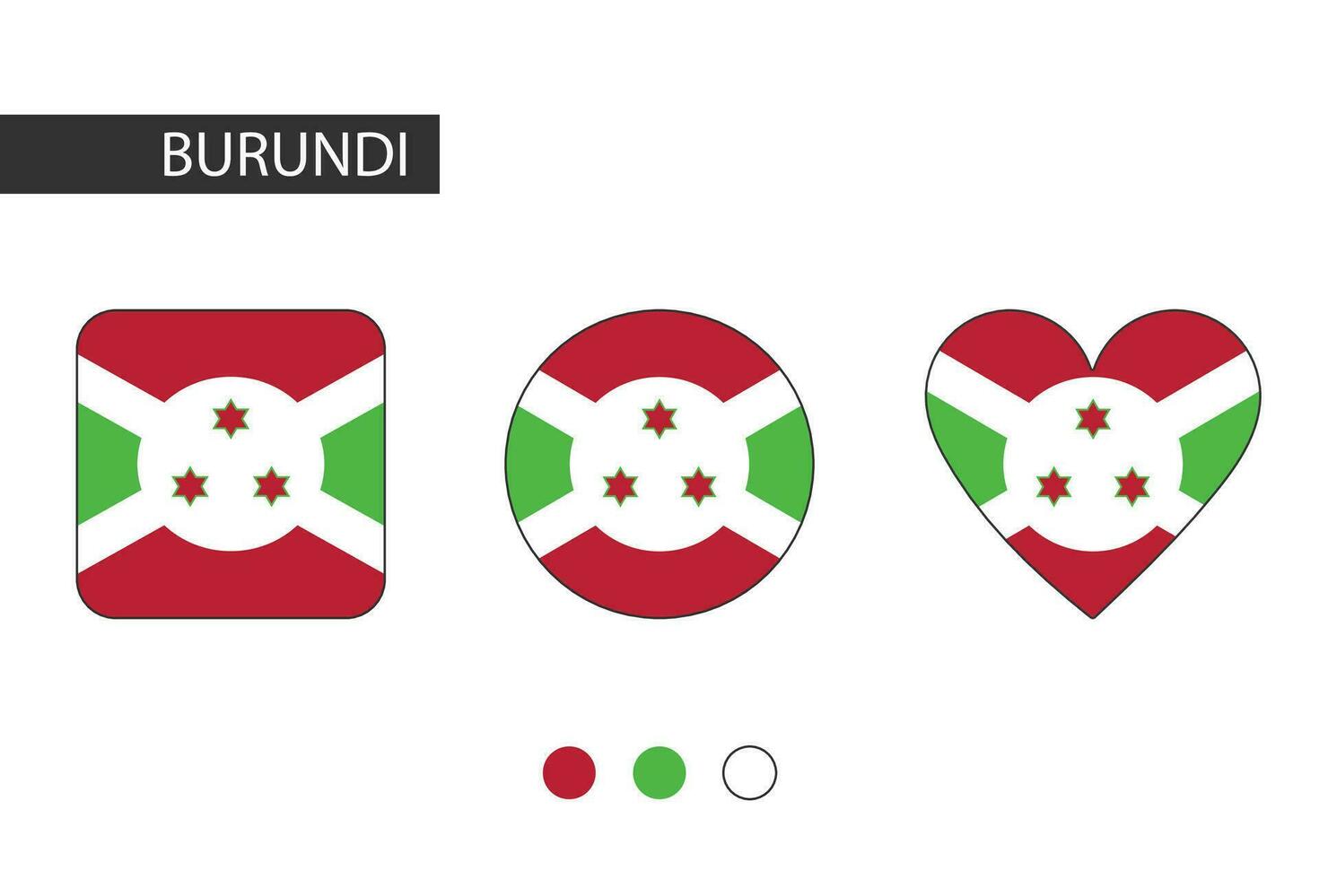 Burundi 3 vormen vierkant, cirkel, hart met stad vlag. geïsoleerd Aan wit achtergrond. vector