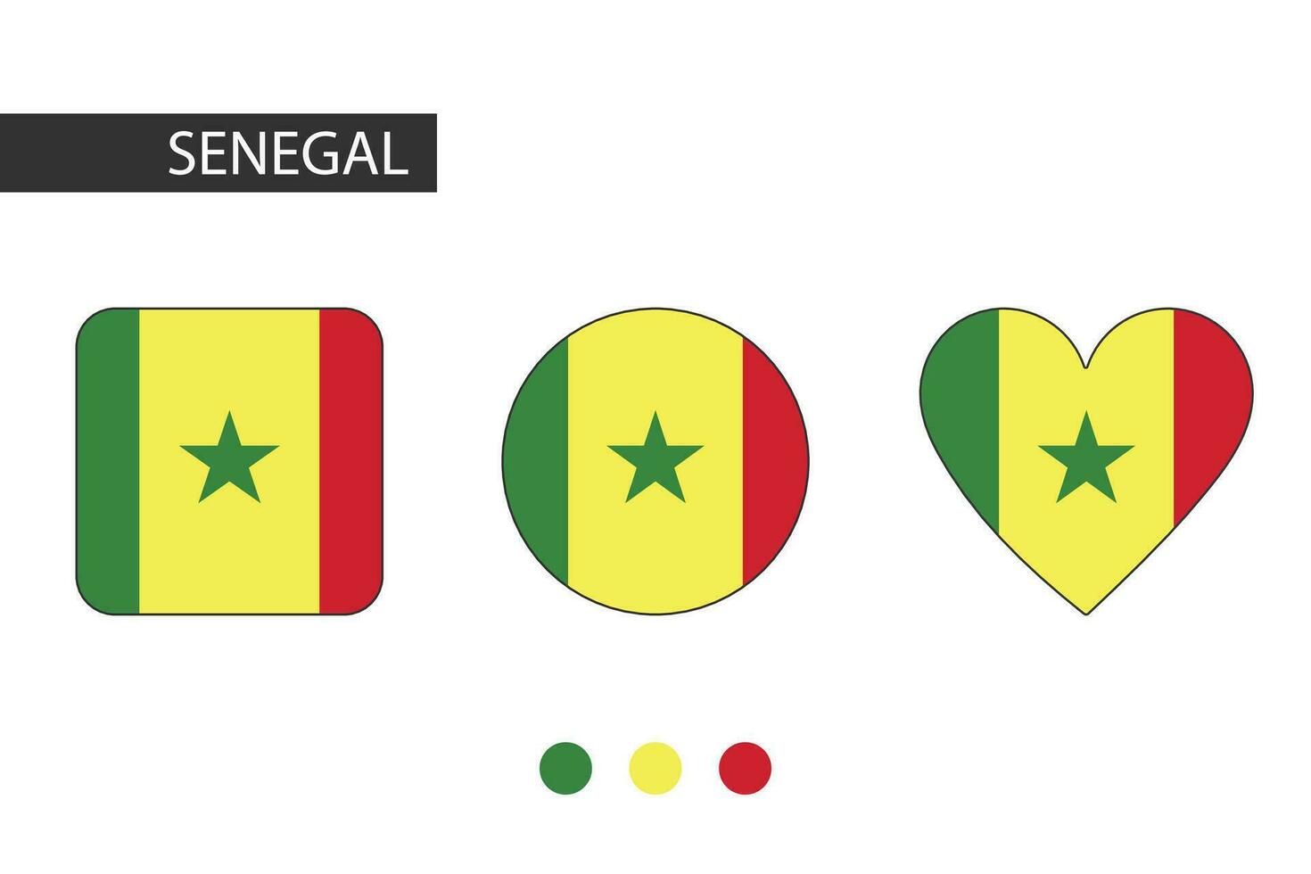 Senegal 3 vormen vierkant, cirkel, hart met stad vlag. geïsoleerd Aan wit achtergrond. vector